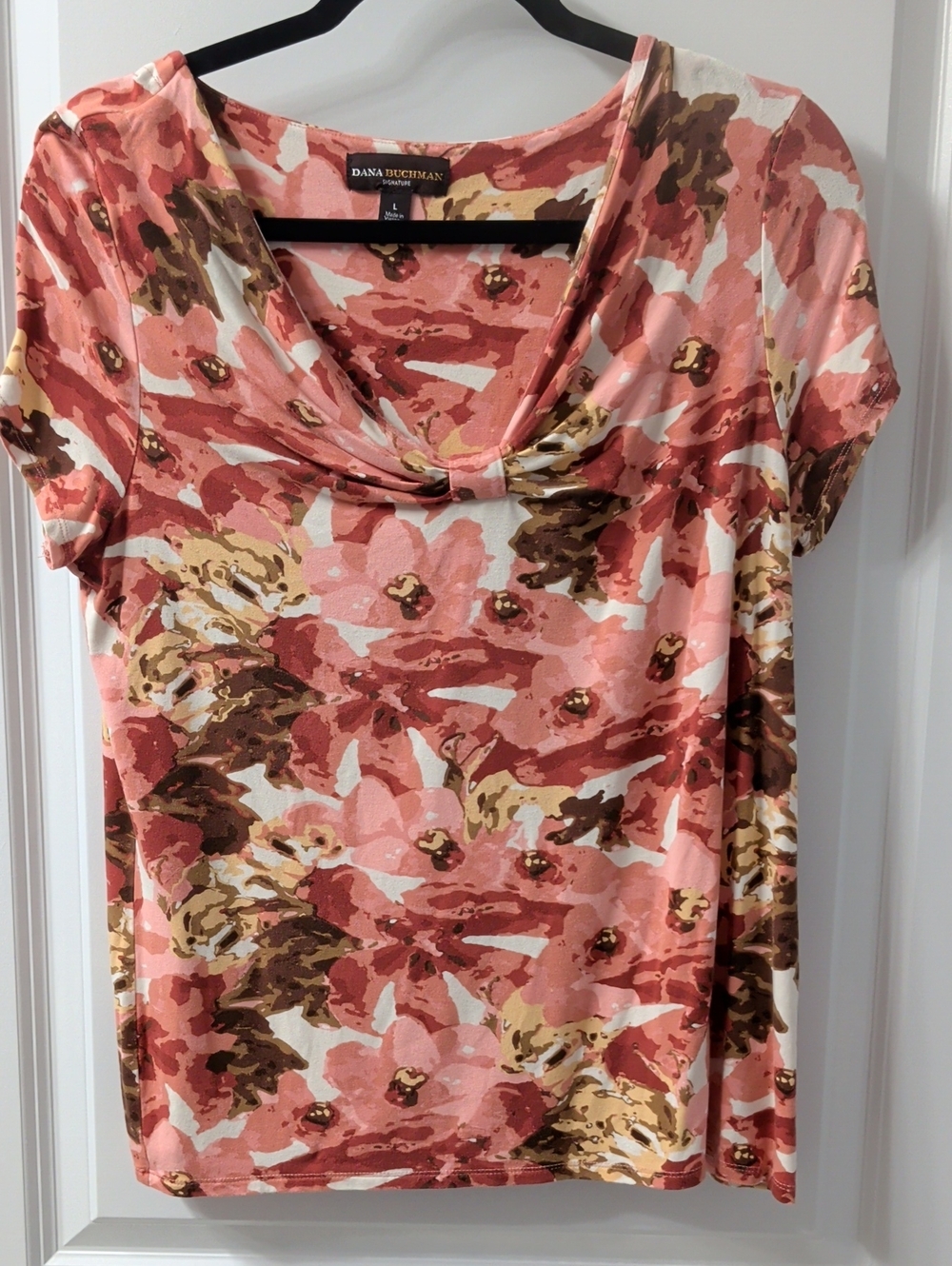 Dana Buchman Coral Peach Floral Cowl Neck Short Sleeve Top